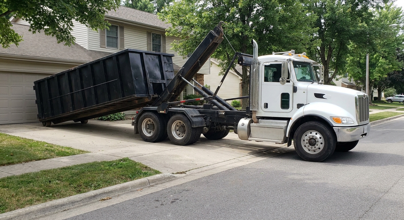 White-cab hooklift roll-off truck actively lowering a matte-black dumpster onto a Brooklyn Park residential concrete driveway, the dumpster's rear wheels touching the driveway as the hoist arm tilts the bed forward, mid-morning daylight.