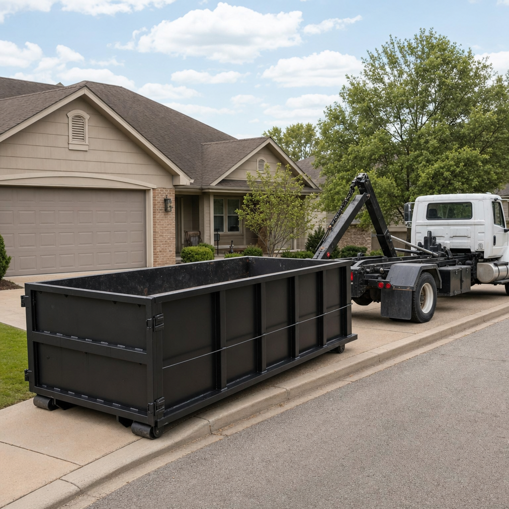 Wide documentary shot of a matte-black roll-off dumpster on a Brooklyn Park residential driveway in the foreground and a contractor jobsite container in the soft-focus background, bright daylight, calm and orderly composition.