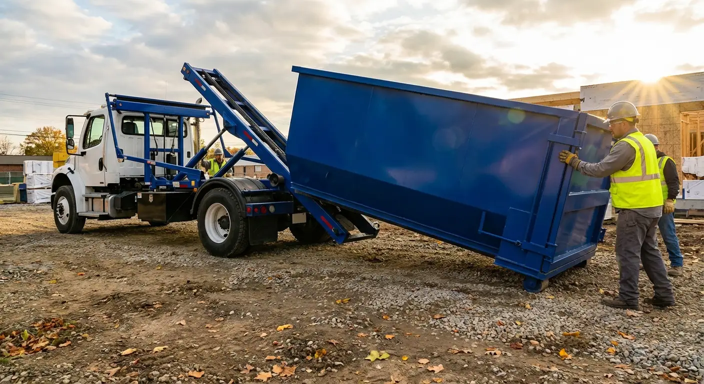 Construction dumpster delivery truck at job site in Brooklyn Park, MN