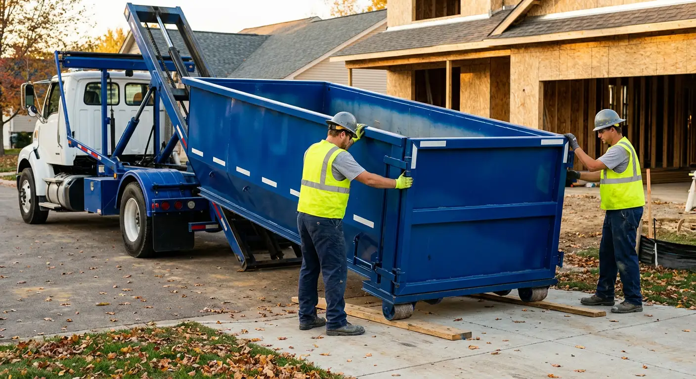 Roll-off dumpster delivery truck in residential area in Brooklyn Park, MN