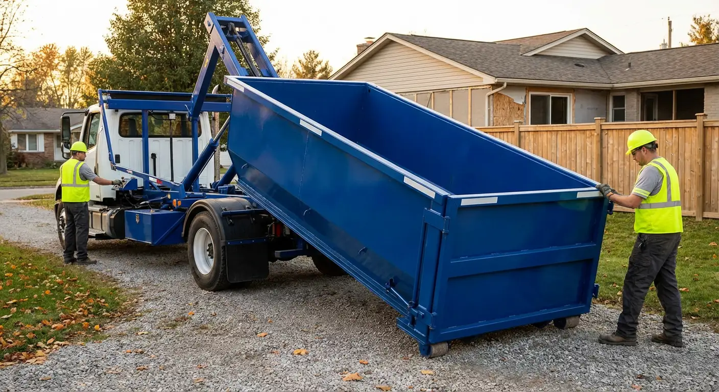 Roll-off dumpster rental delivery truck in Brooklyn Park, MN