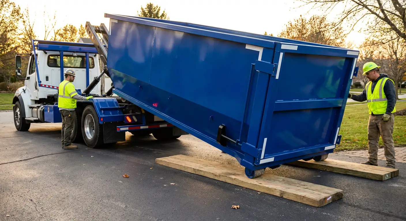 Dumpster delivery on driveway in Brooklyn Park, MN